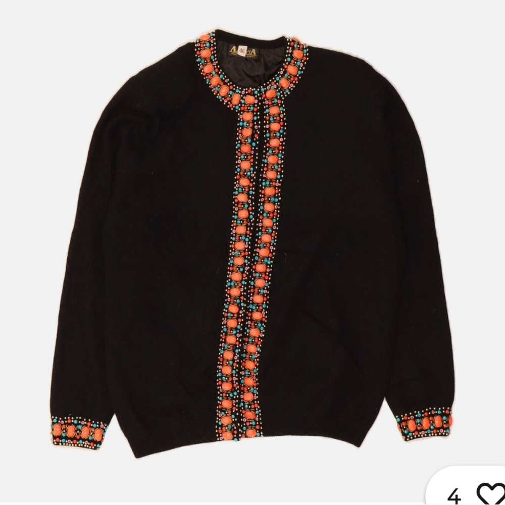 Black and Orange Cardigan Sweater with Geometric Trim